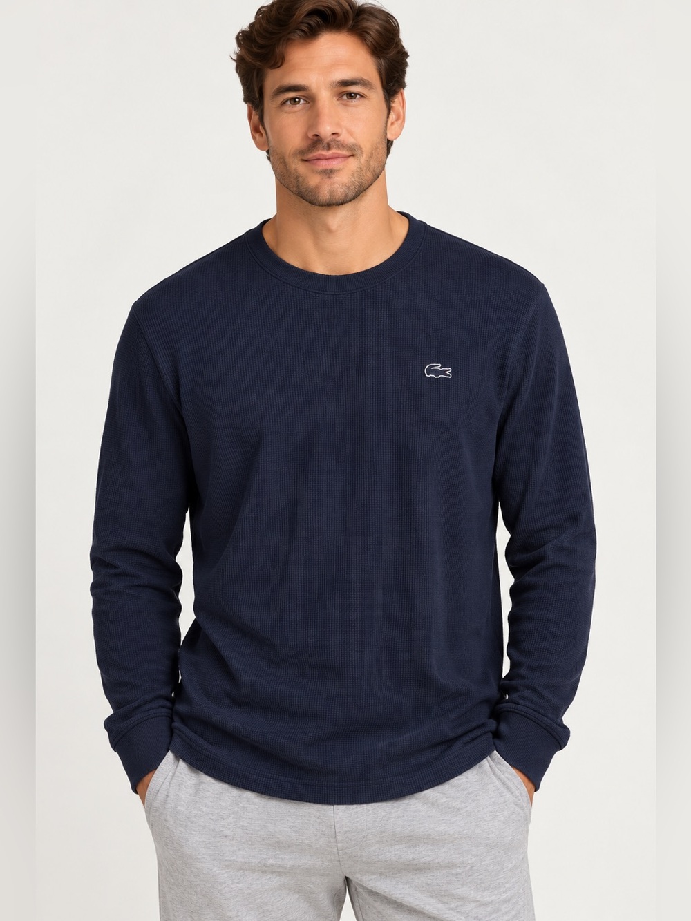 Lacoste Men’s XXL Navy Waffle Knit Long Sleeve Sleepwear Shirt 24.5x27